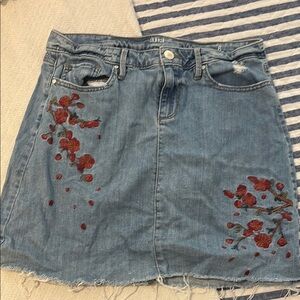 a.n.a Blue Denim Skirt with Red Floral Embroidery